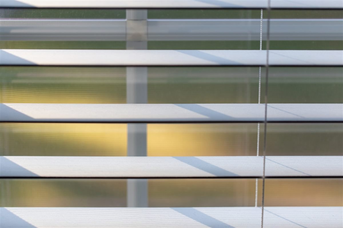 Close-up of horizontal window blinds filtering daylight